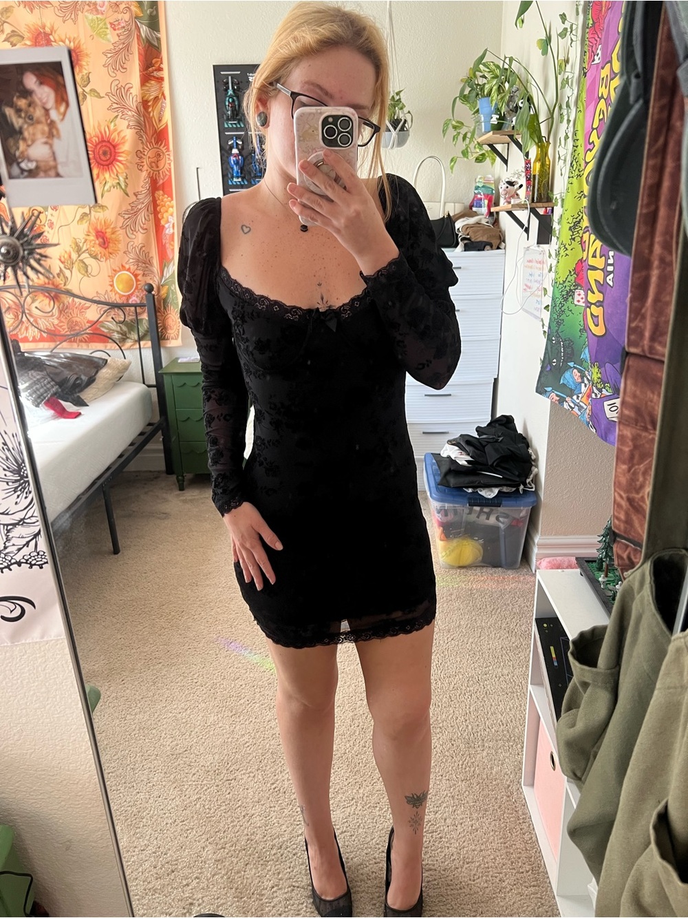 Black Lace Long-Sleeve Mini Dress